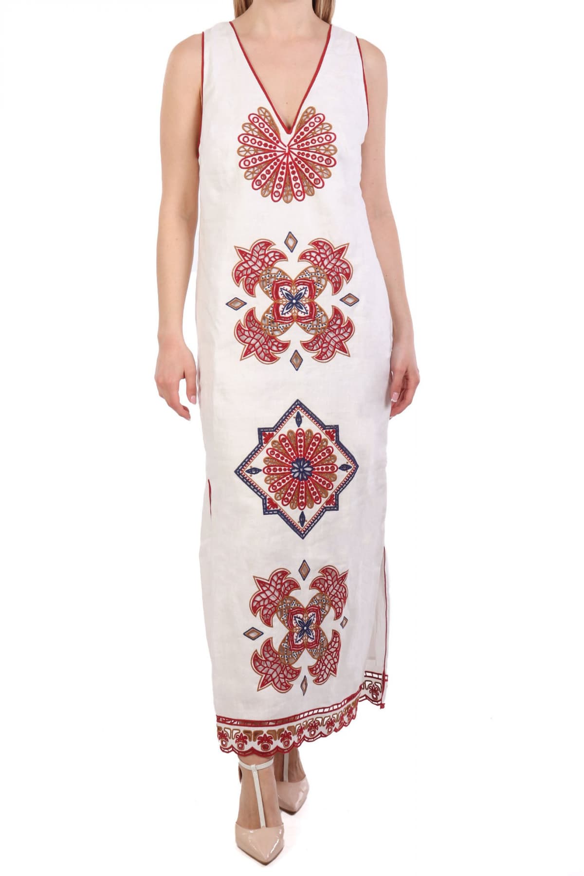 FARM RIO ΦΟΡΕΜΑ MIDI MARYS TILES RICHILIEU V-NECK ΑΝΟΙΓΜΑ ΚΑΤΩ ΚΕΝΤΗΜΑ ΕΚΡΟΥ