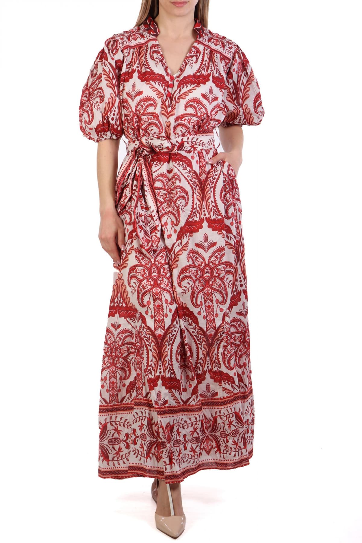 FARM RIO ΦΟΡΕΜΑ MAXI TROPICAL CAMEO V-NECK ΕΜΠΡΙΜΕ ΖΩΝΗ ΕΚΡΟΥ-ΚΟΚΚΙΝΟ