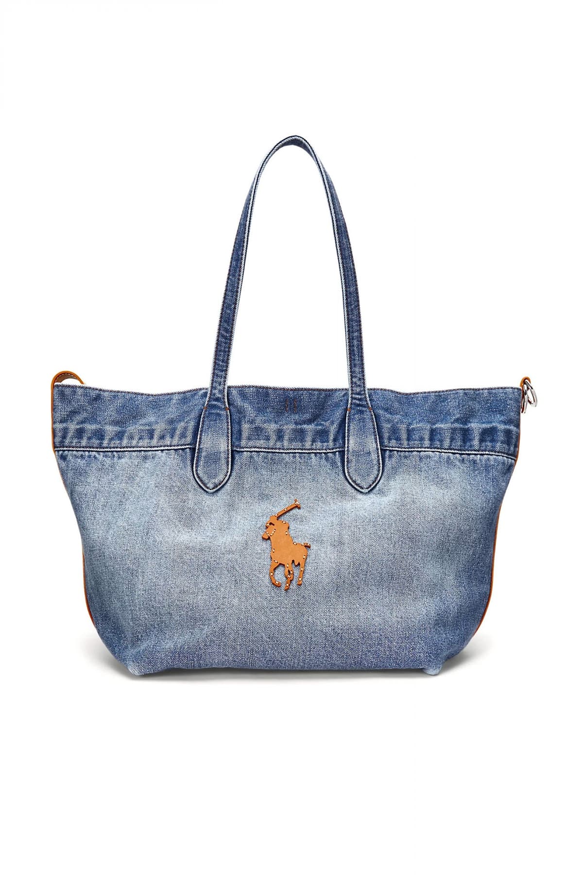 RALPH LAUREN ΤΣΑΝΤΑ ΩΜΟΥ DENIM ΔΕΡΜΑΤΙΝΕΣ ΛΕΠΤΟΜΕΡΕΙΕΣ ΦΕΡΜΟΥΑΡ LOGO ΜΠΛΕ-ΚΑΦΕ