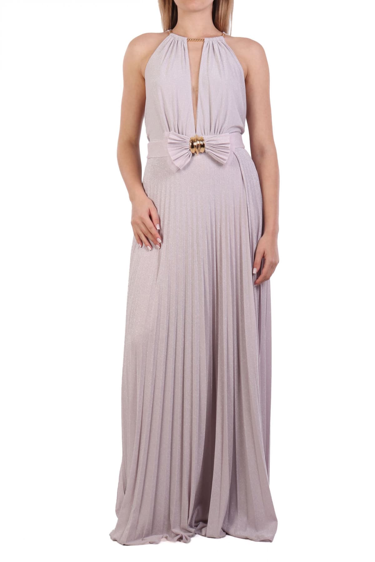 ELISABETTA FRANCHI ΦΟΡΕΜΑ RED CARPET MAXI ΠΛΙΣΕ ΑΝΟΙΓΜΑ ΜΠΡΟΣΤΑ LUREX ΑΠΑΛΟ ΡΟΖ