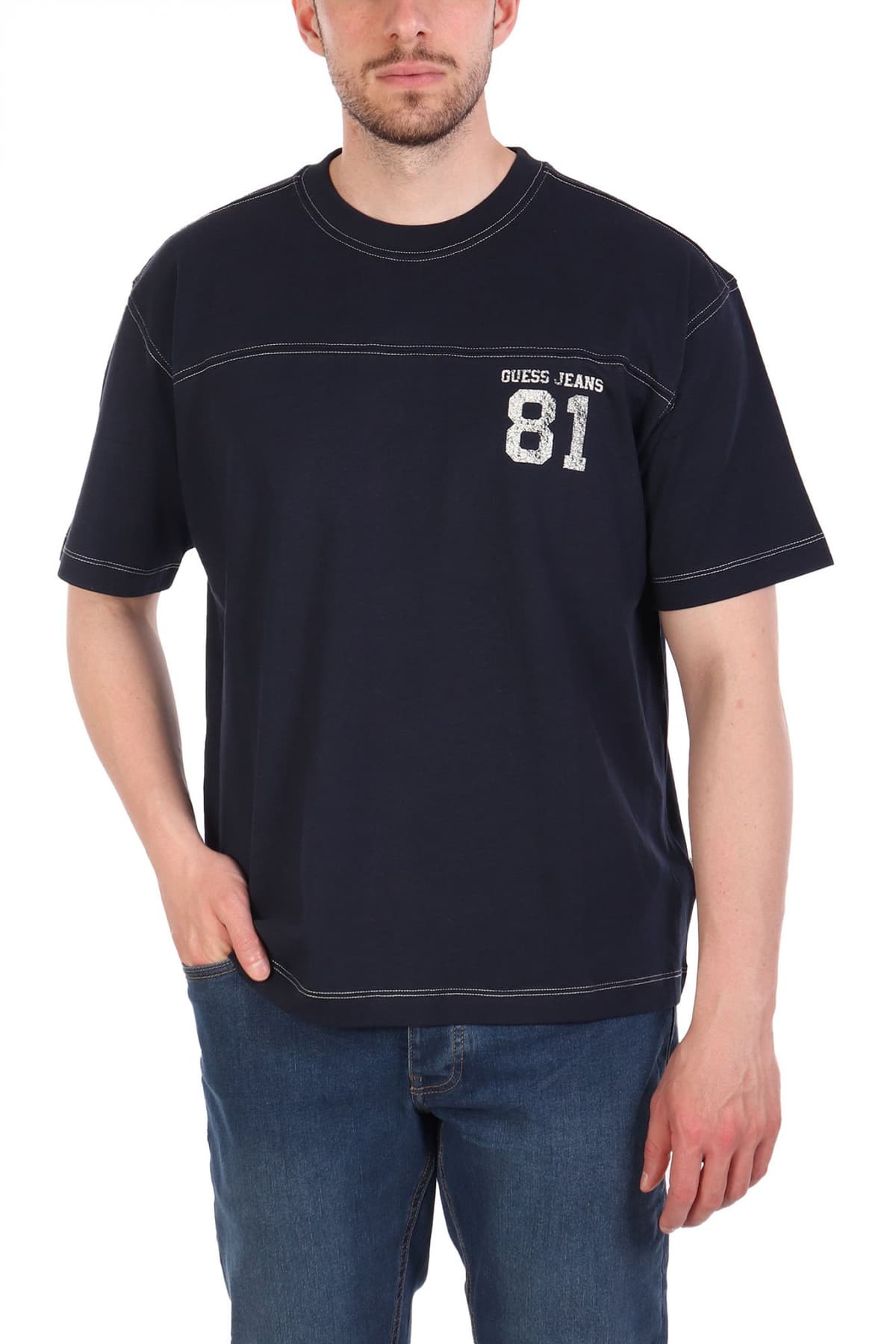 GUESS JEANS T-SHIRT CREWNECK OVERSIZED FIT LOGO ΜΠΛΕ