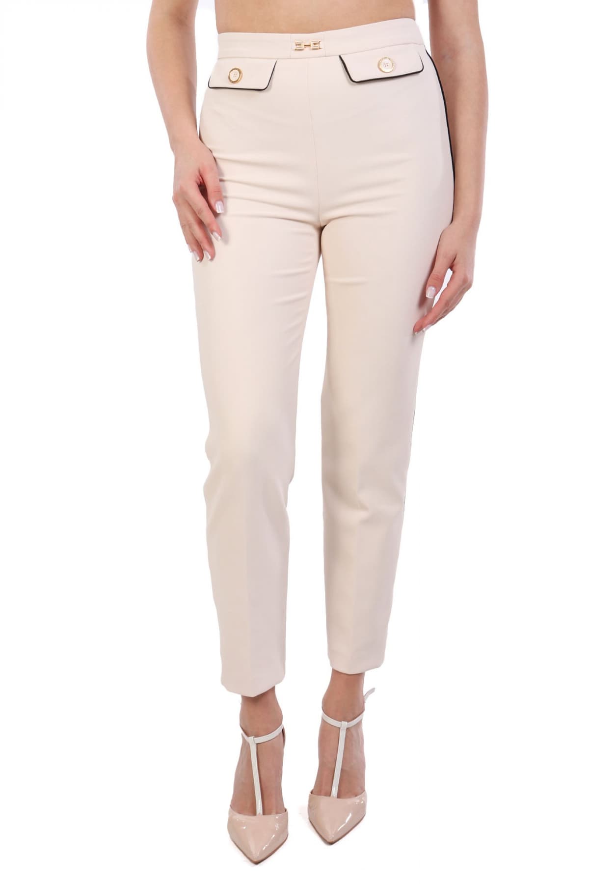 ELISABETTA FRANCHI ΠΑΝΤΕΛΟΝΙ CHINO ΧΡΥΣΕΣ ΛΕΠΤΟΜΕΡΕΙΕΣ LOGO ΜΠΕΖ