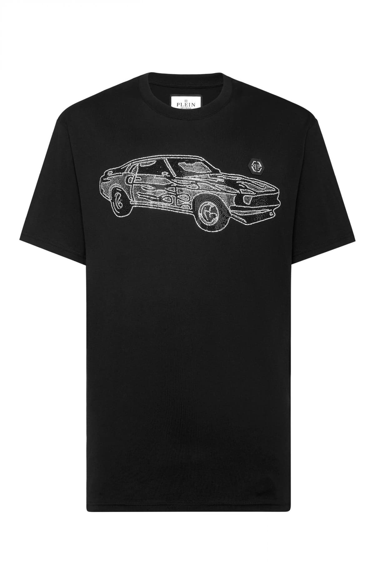 PHILIPP PLEIN T-SHIRT ROUND NECK SS STRASS CARS RACING LOGO ΜΑΥΡΟ