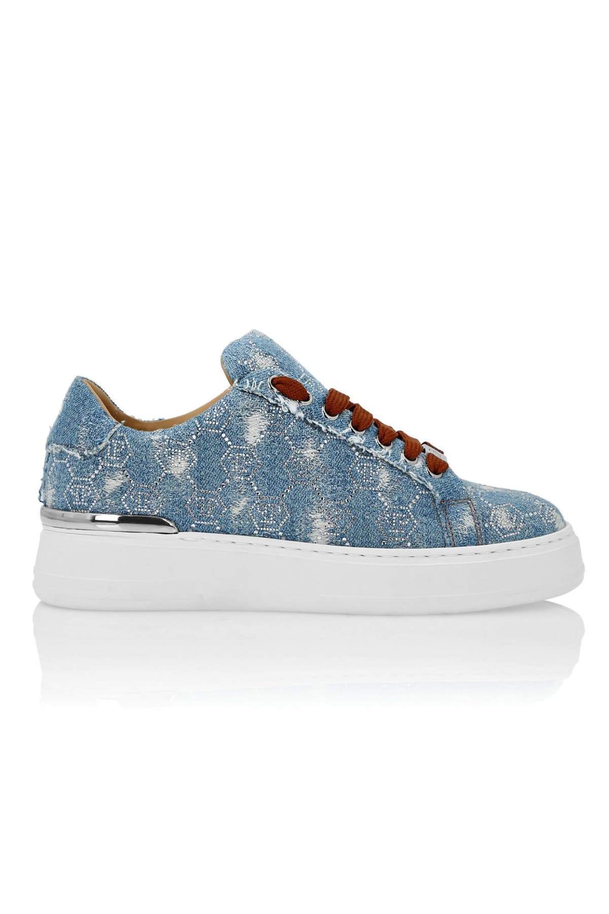 PHILIPP PLEIN ΠΑΠΟΥΤΣΙΑ SNEAKERS LO-TOP MONOGRAM ΣΤΡΑΣ DENIM ΜΠΛΕ