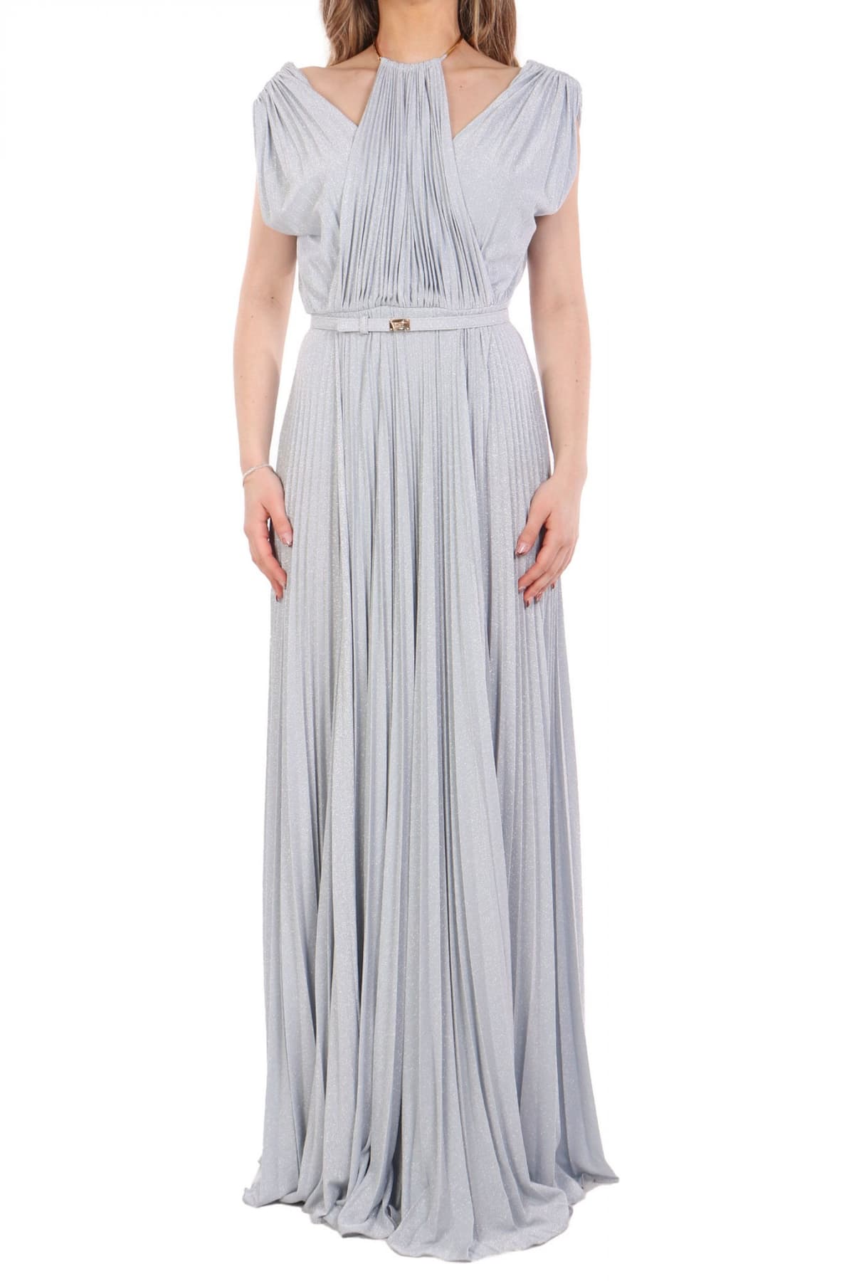 ELISABETTA FRANCHI ΦΟΡΕΜΑ RED CARPET MAXI ΠΛΙΣΕ ΑΝΟΙΓΜΑΤΑ ΠΛΑΙ LUREX ΠΡΑΣΙΝΟ ΜΕΝΤΑΣ