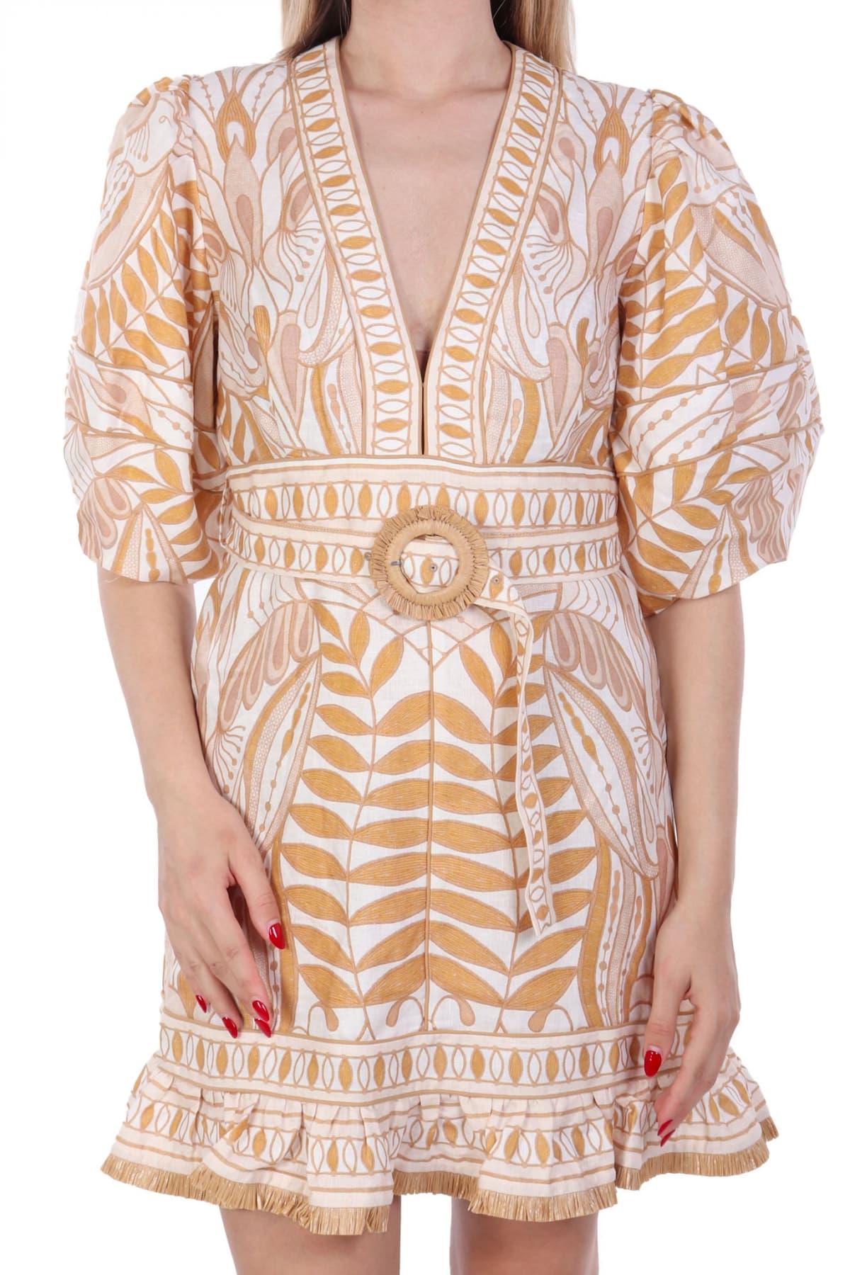 FARM RIO ΦΟΡΕΜΑ MINI LACE NATURE ΕΜΠΡΙΜΕ V-NECK ΑΠΟΣΠΩΜΕΝΗ ΖΩΝΗ ΒΟΛΑΝ ΚΑΤΩ ΚΡΟΣΙΑ ΕΚΡΟΥ-ΜΠΕΖ