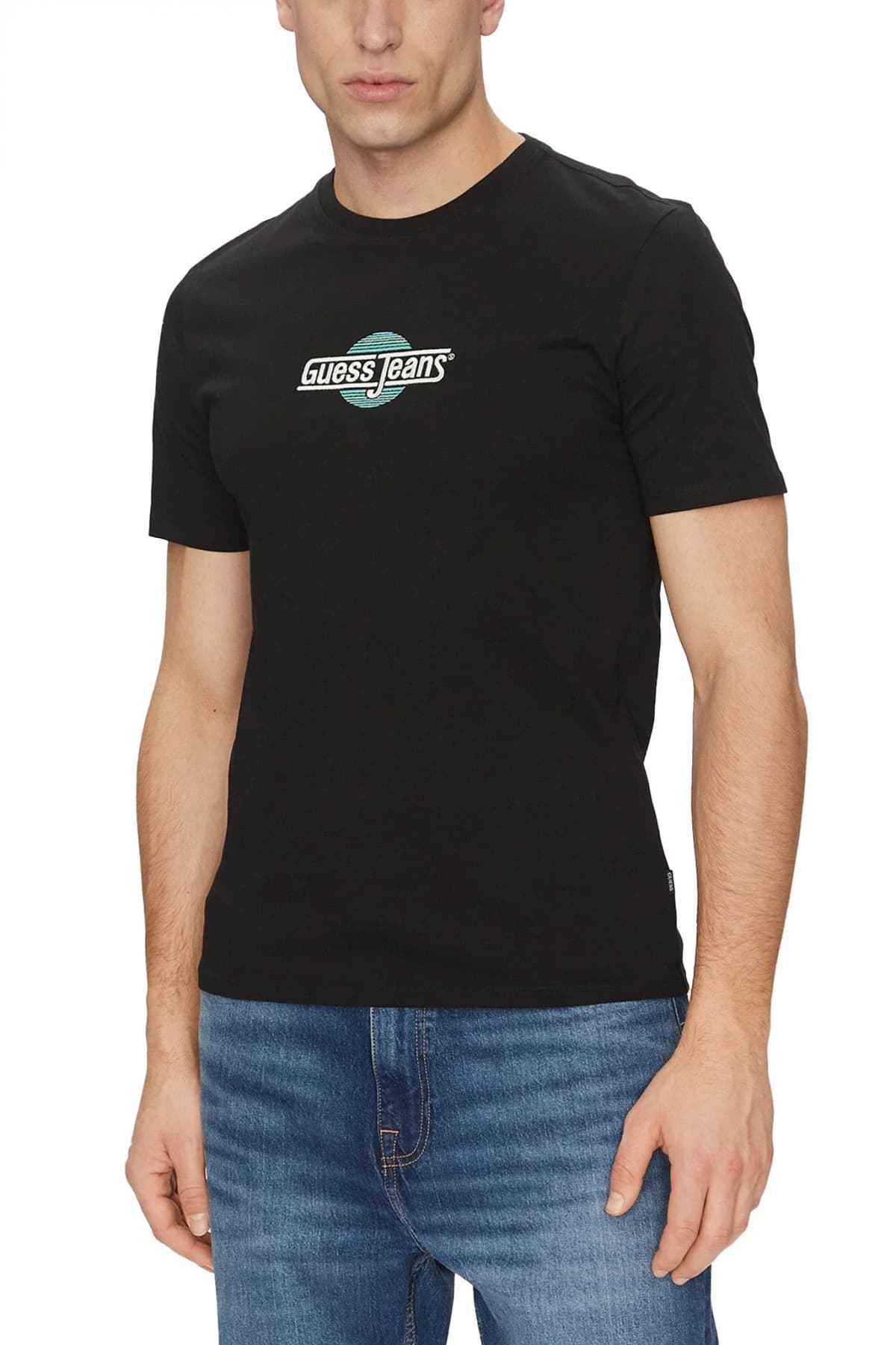 GUESS JEANS T-SHIRT CREWNECK SLIM FIT LOGO ΜΑΥΡΟ