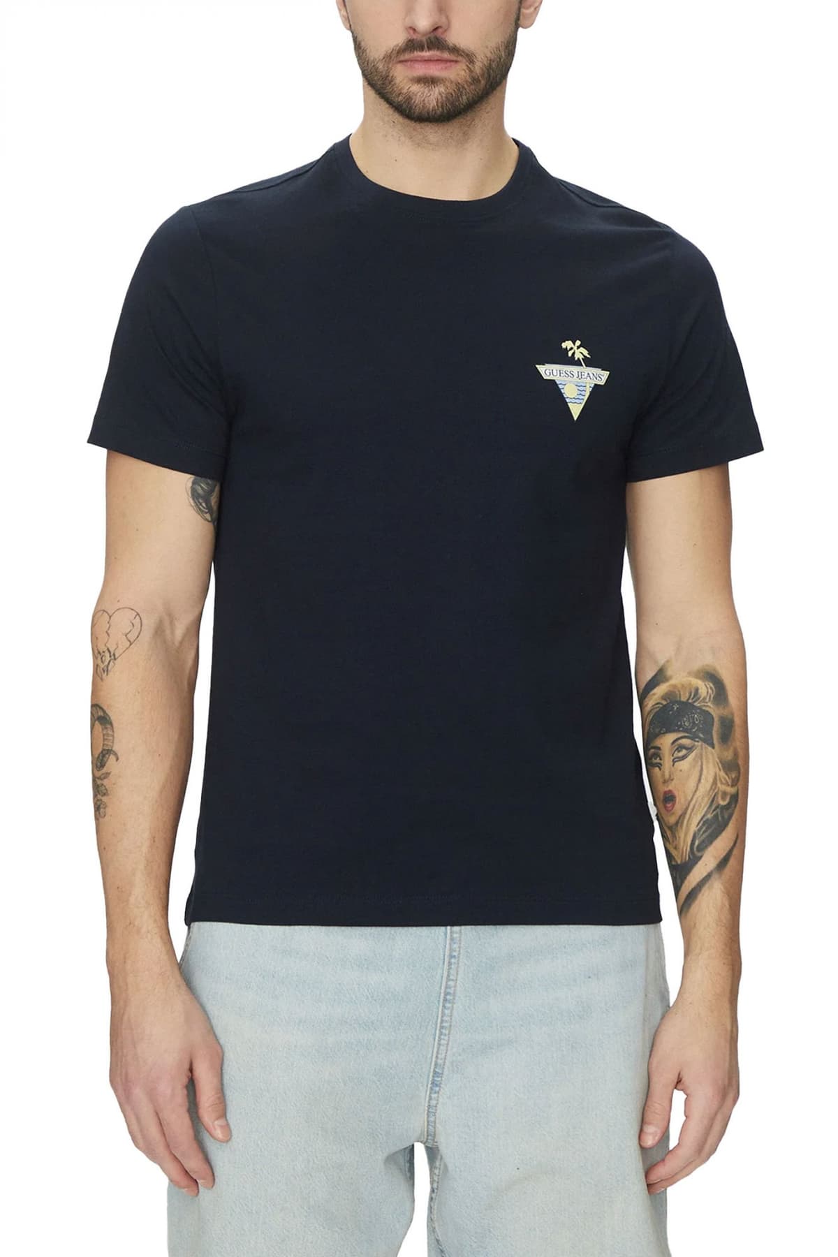 GUESS JEANS T-SHIRT CREW NECK REGULAR FIT LOGO ΜΠΛΕ