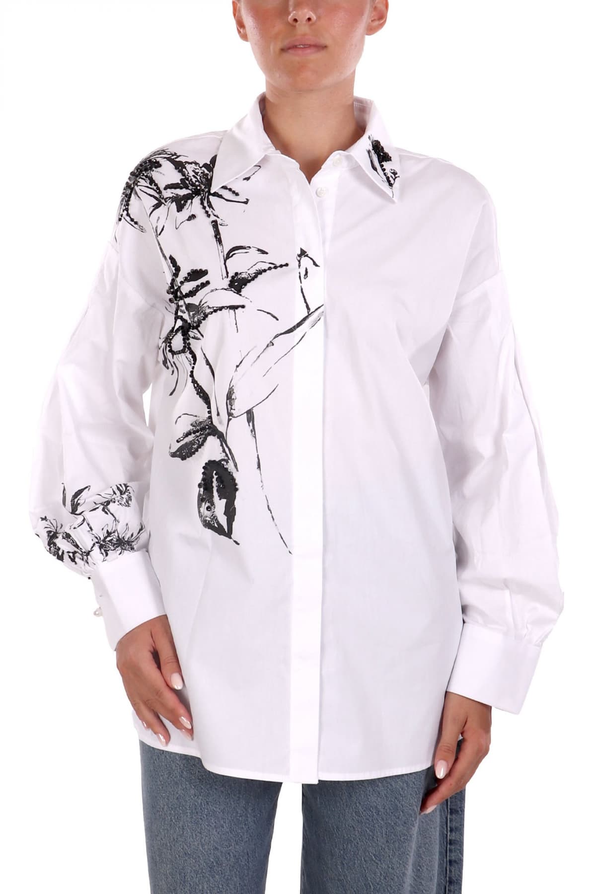 LIU-JO ΠΟΥΚΑΜΙΣΟ FLORAL ΧΑΝΤΡΕΣ ΜΑΝΙΚΙ ΚΟΥΦΟΠΙΕΤΑ ΛΕΥΚΟ-ΜΑΥΡΟ