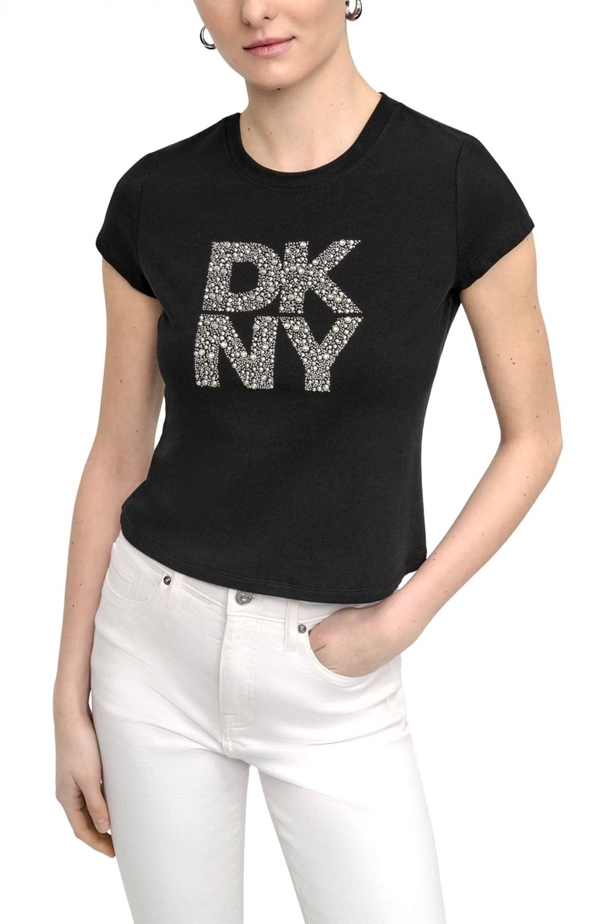 DKNY T-SHIRT CREW NECK LOGO STRASS ΜΑΥΡΟ