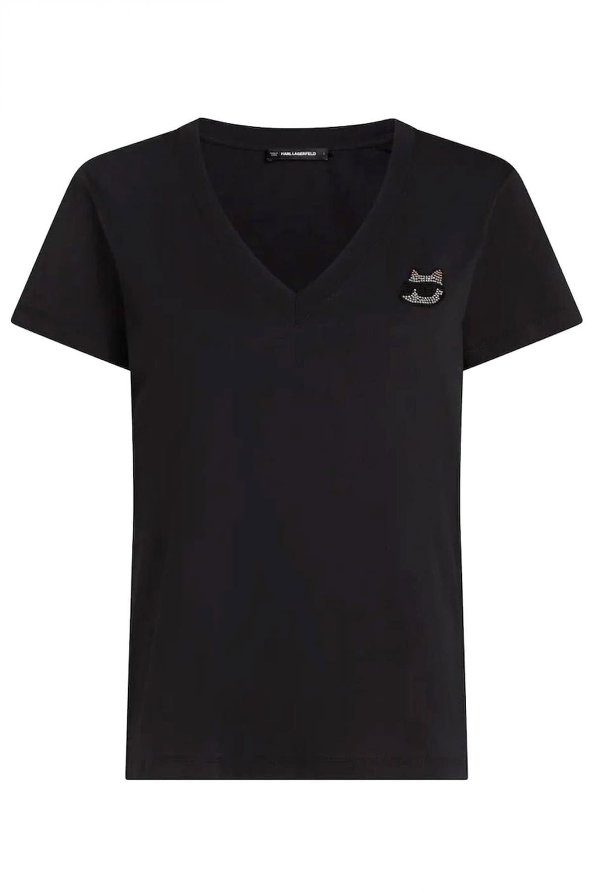 KARL LAGERFELD T-SHIRT IKON RS V-NECK REGULAR FIT LOGO ΣΤΡΑΣ ΜΑΥΡΟ
