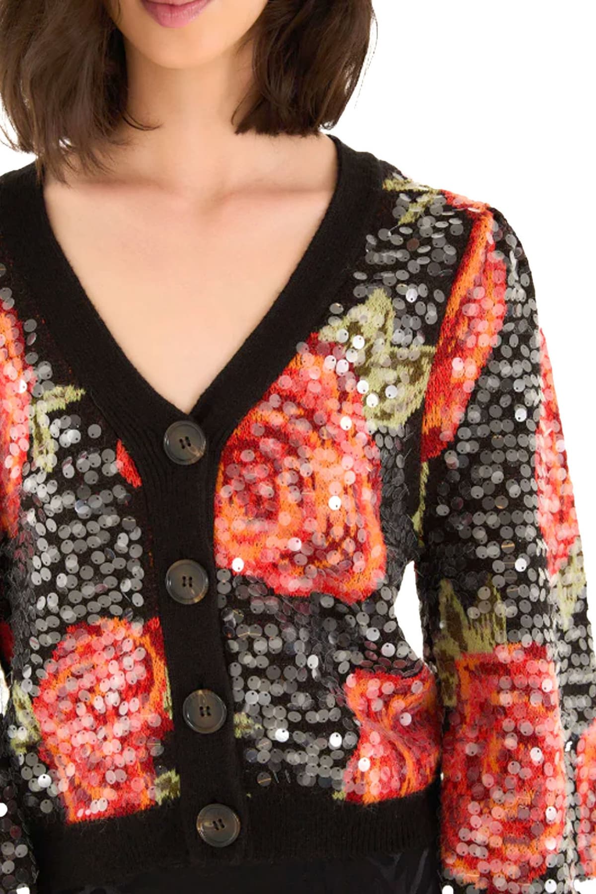 FARM RIO ΖΑΚΕΤΑ ΠΛΕΚΤΟ LATIN ROSES SEQUIN KNIT ΚΛΕΙΣΙΜΟ ΚΟΥΜΠΙΑ ΠΑΓΙΕΤΑ ΜΑΥΡΟ-ΚΟΚΚΙΝΟ