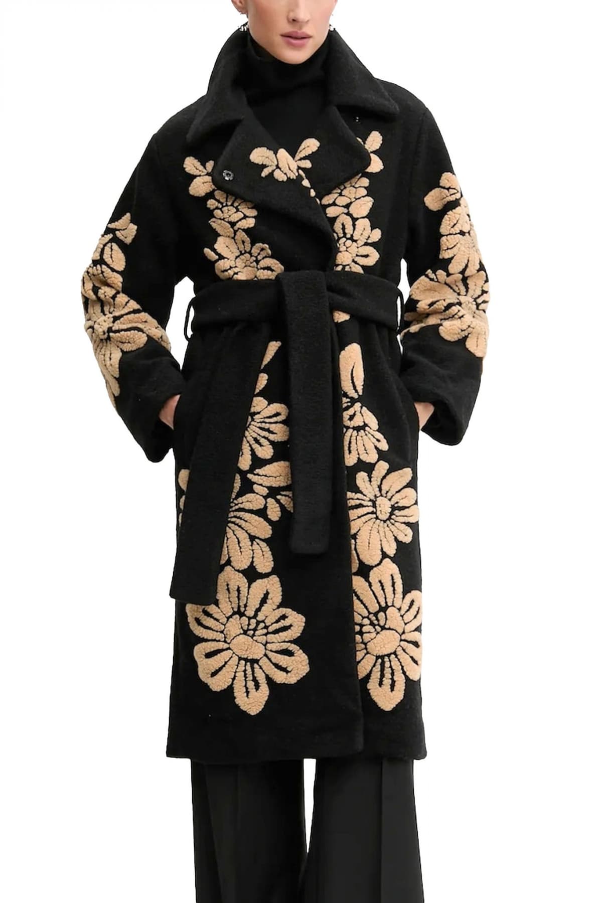 FARM RIO ΠΑΛΤΟ BOLD FLOWERS ΑΠΟΣΠΩΜΕΝΗ ΖΩΝΗ ΤΣΕΠΕΣ ΜΑΥΡΟ-ΜΠΕΖ