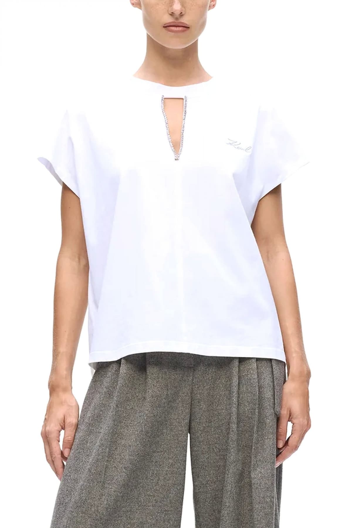 KARL AGERFELD T-SHIRT EMBELLISHED RELAXED FIT ΛΕΠΤΟΜΕΡΕΙΑ ΣΤΡΑΣ ΑΝΟΙΓΜΑ ΜΠΡΟΣΤΑ LOGO ΛΕΥΚΟ