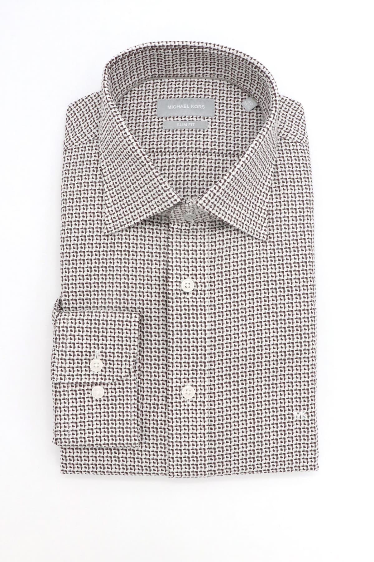 MICHAEL KORS ΠΟΥΚΑΜΙΣΟ ΜΙΚΡΟΣΧΕΔΙΟ SLIM FIT EASY CARE STRETCH ΛΕΥΚΟ-ΚΑΦΕ