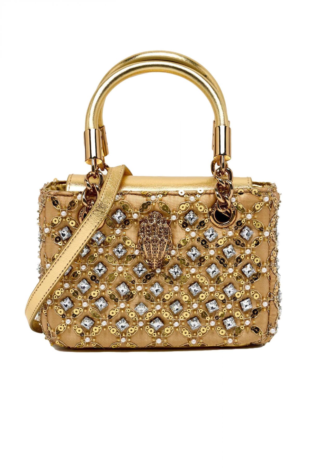 KURT GEIGER ΤΣΑΝΤΑKI CROSSBODY/XEIΡΟΣ SQ MINI KENSINGTON JEWEL ΣΤΡΑΣ ΠΕΡΛΕΣ ΑΛΥΣΙΔΑ LOGO ΧΡΥΣΟ