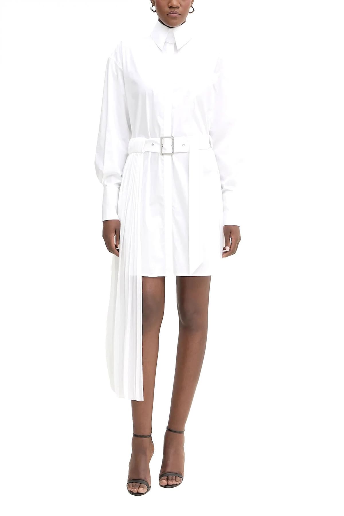 KARL LAGERFELD ΦΟΡΕΜΑ MINI ΣΕΜΙΖΙΕ PLEATED FASHION SHIRT DRESS ΜΕ ΨΗΛΟΜΕΣΗ ΖΩΝΗ-ΦΟΥΣΤΑ ΠΛΙΣΕ ΛΕΥΚΟ
