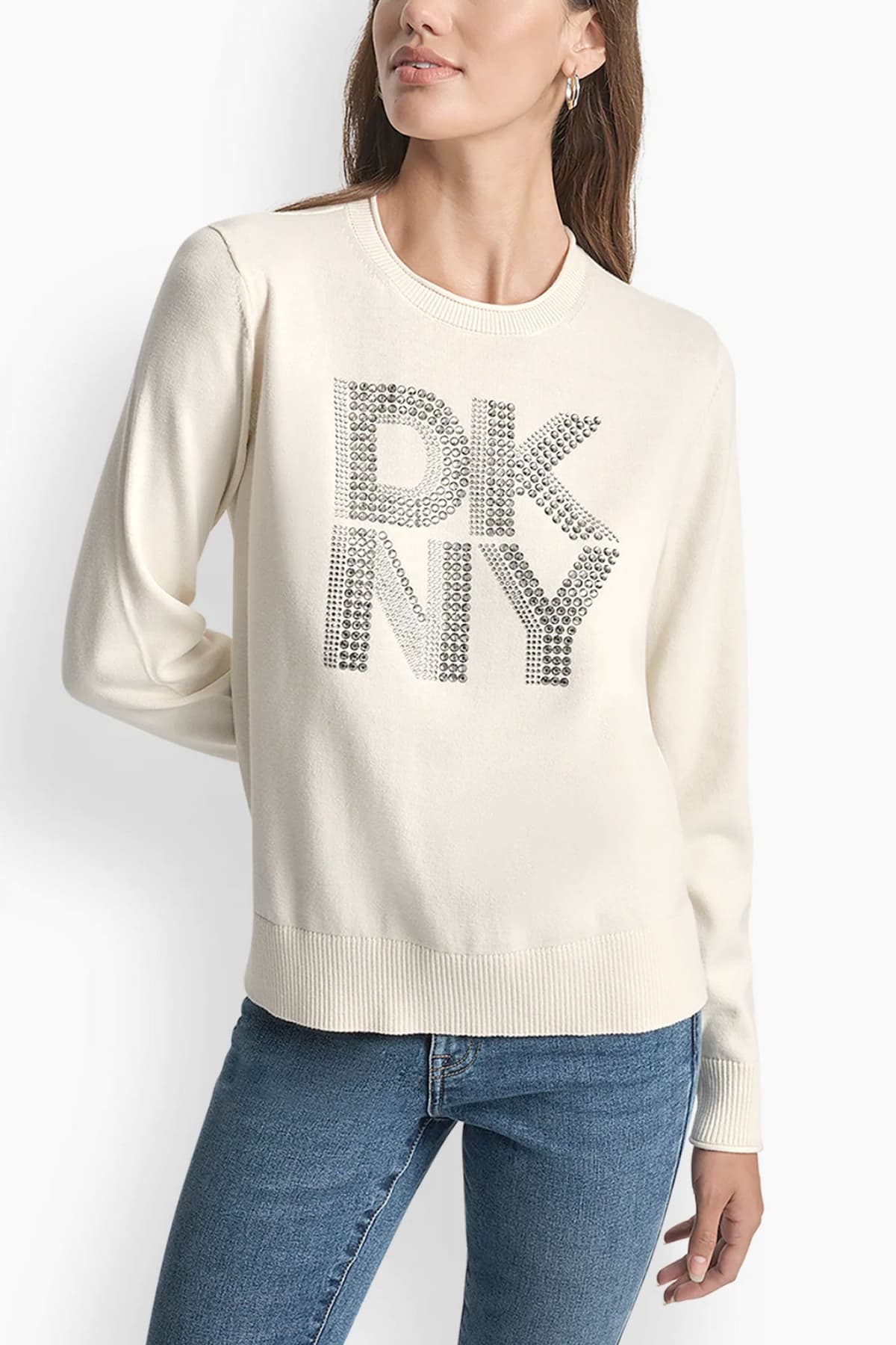 DKNY ΠΛΕΚΤΟ CREW NECK LOGO ΣΤΡΑΣ ΕΚΡΟΥ
