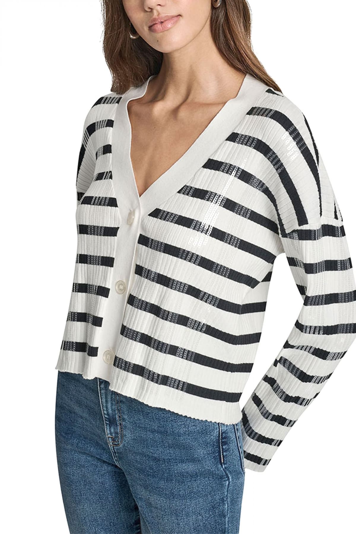 DKNY ΖΑΚΕΤΑ ΠΛΕΚΤΟ CROPPED ΡΙΜΠ ΠΑΓΙΕΤΑ ΕΚΡΟΥ-ΜΑΥΡΟ