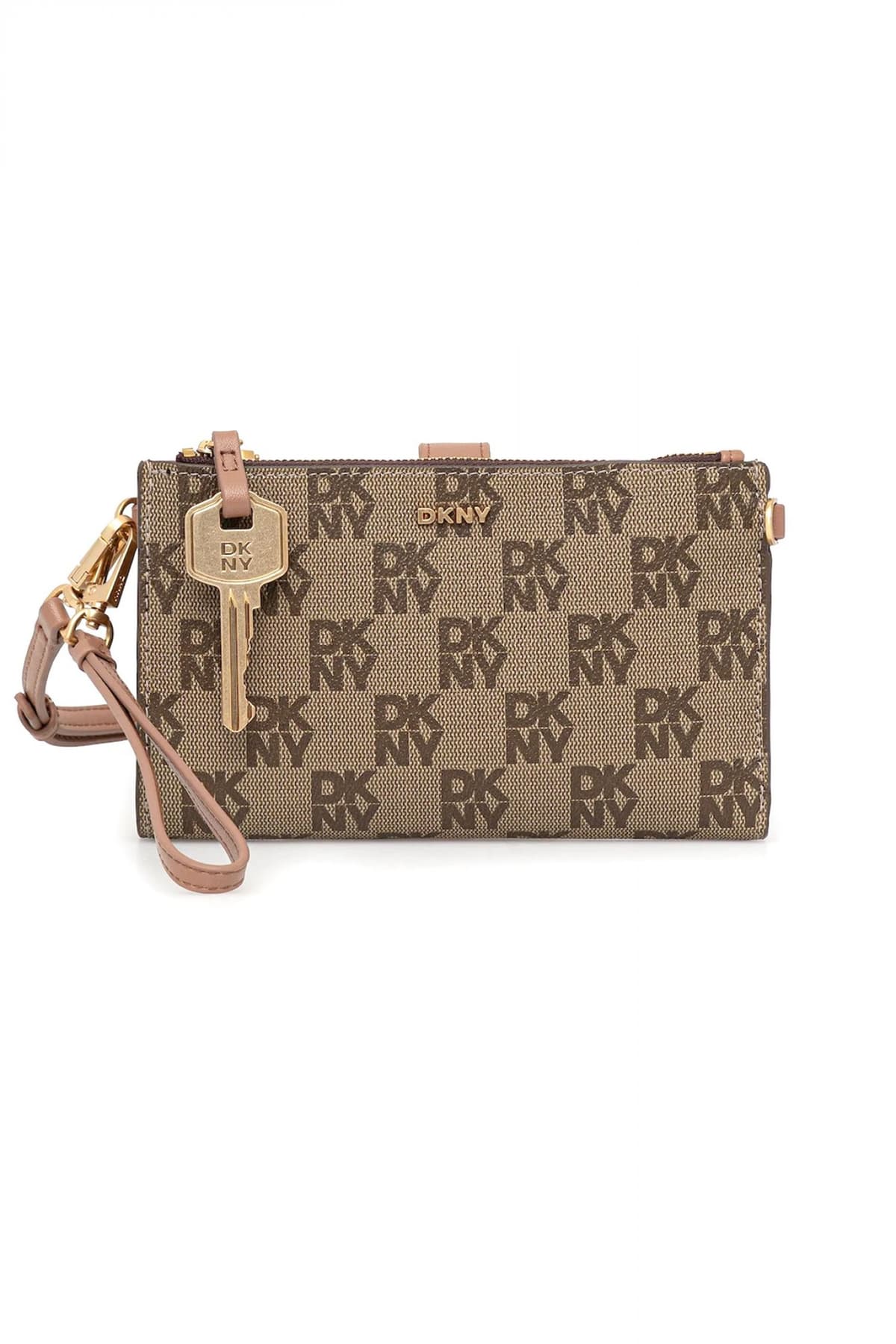 DKNY ΤΣΑΝΤΑΚΙ-ΠΟΡΤΟΦΟΛΙ CROSSBODY/CLUTCH ALANNA ALL OVER LOGO ΜΠΡΕΛΟΚ ΜΠΕΖ-ΚΑΦΕ