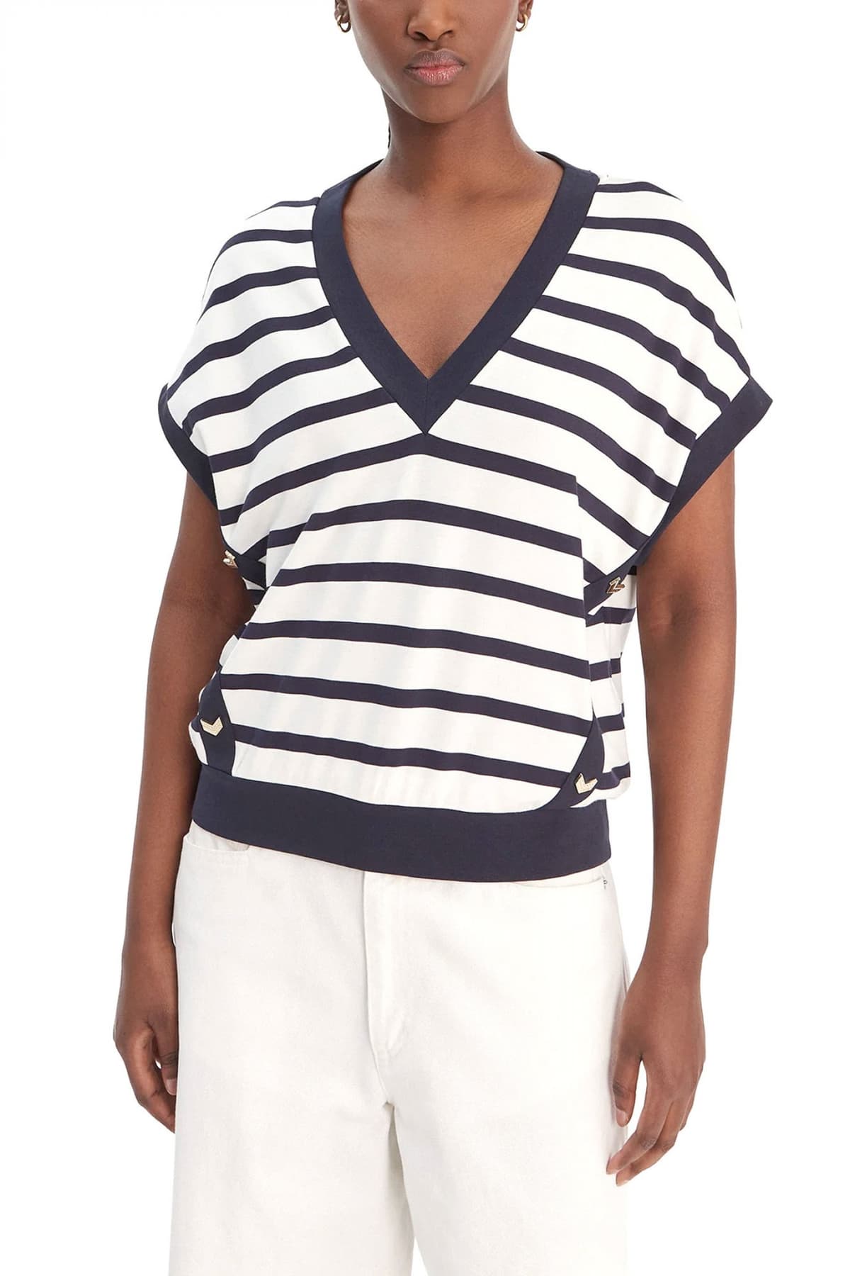 LIU-JO T-SHIRT V-NECK ΡΙΓΕ ΛΕΠΤΟΜΕΡΕΙΕΣ ΜΕΤΑΛΛΙΚΕΣ ΕΚΡΟΥ-ΜΠΛΕ