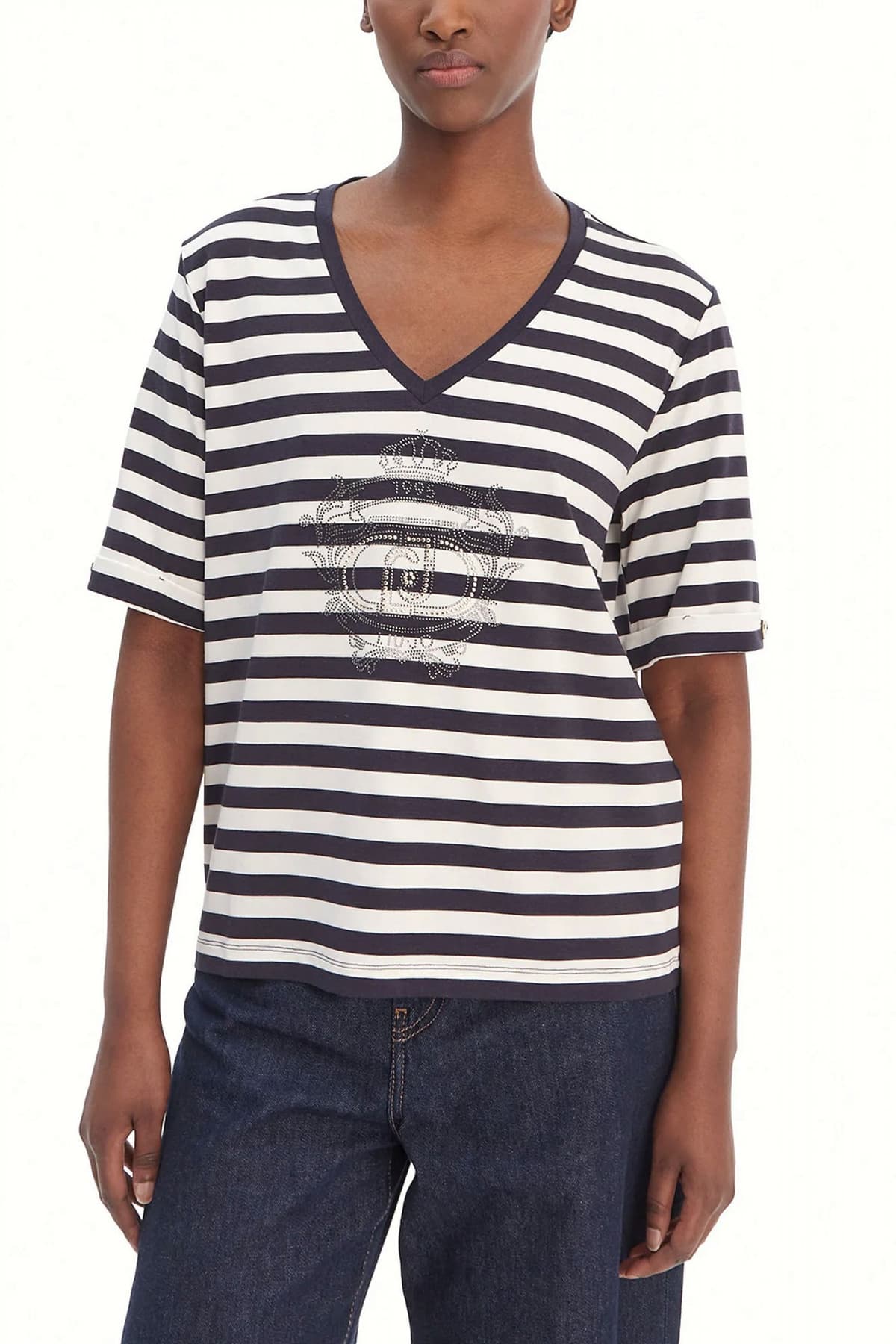 LIU-JO BETTER T-SHIRT V-NECK ΡΙΓΕ LOGO ΣΤΡΑΣ ΕΚΡΟΥ-ΜΠΛΕ