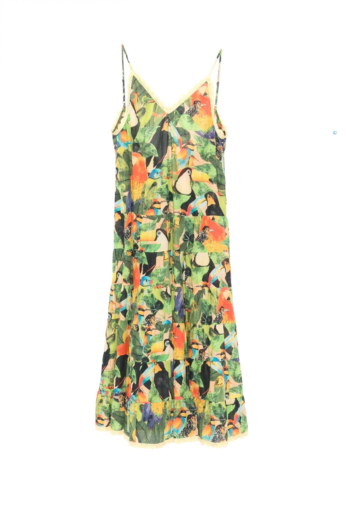 FARM RIO ΦΟΡΕΜΑ MIDI BIRD LEAVES SAND ΑΝΟΙΧΤΗ ΠΛΑΤΗ ΒΟΛΑΝ ΠΟΛΥΧΡΩΜΟ