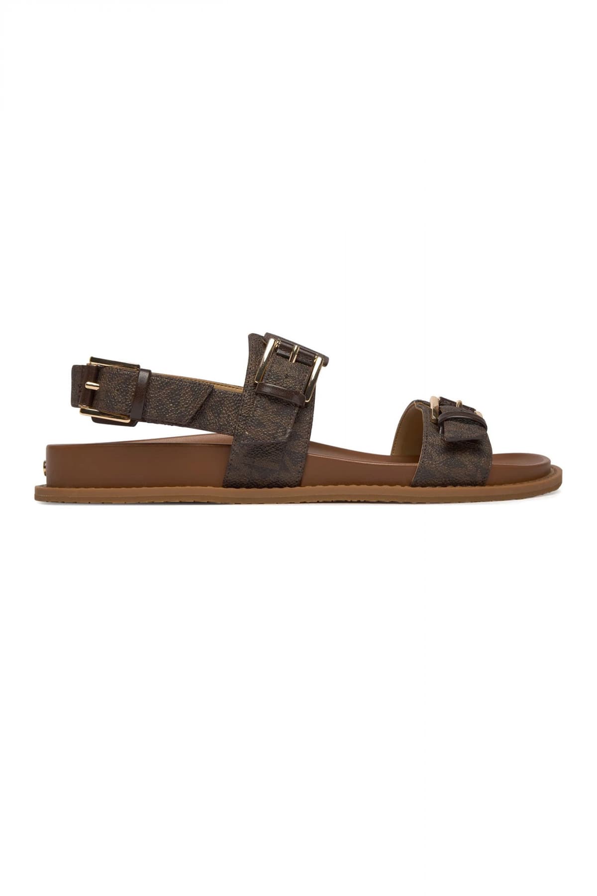 MICHAEL KORS ΠΑΠΟΥΤΣΙΑ ΣΑΝΔΑΛΙΑ NIA FLAT SANDAL ALL OVER LOGO ΜΠΕΖ/ΤΑΜΠΑ