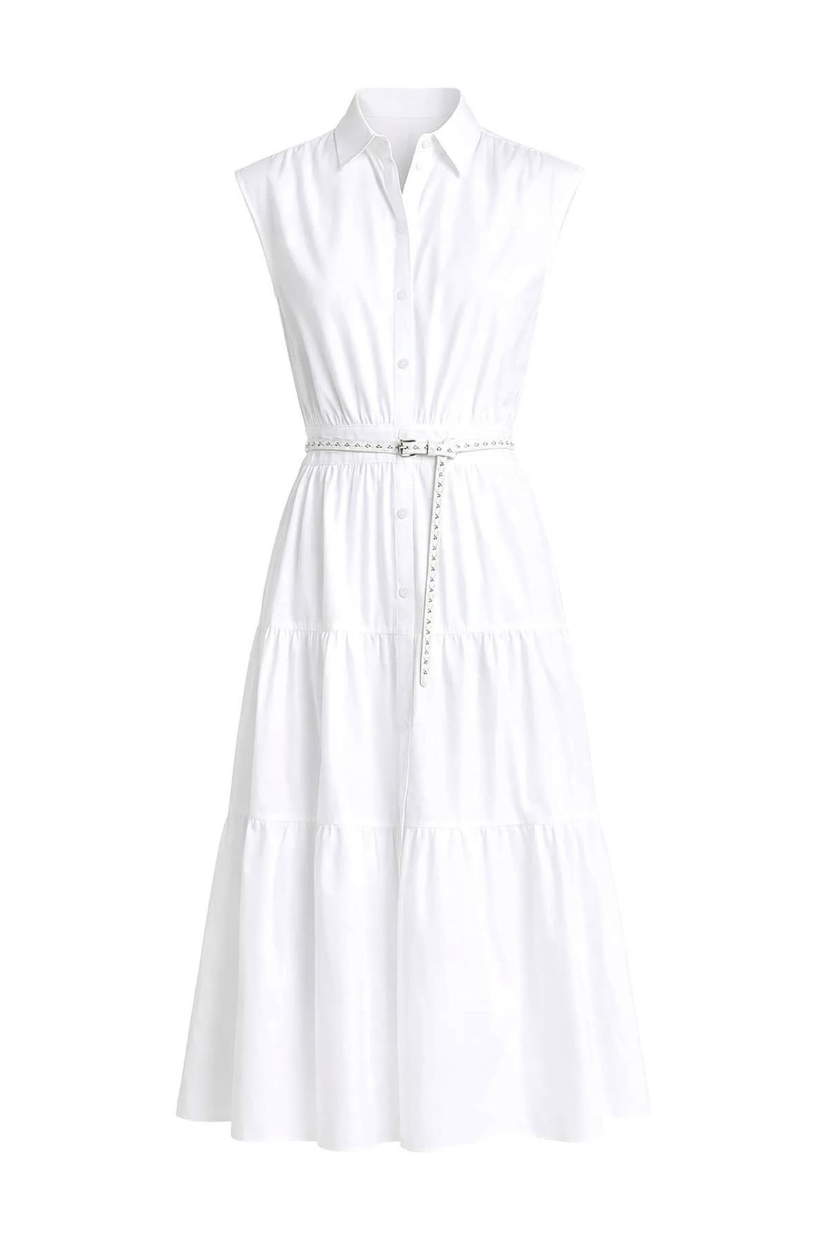 MICHAEL KORS ΦΟΡΕΜΑ MIDI POLO ΚΟΥΜΠΙΑ ΒΟΛΑΝ ΑΠΟΣΠΩΜΕΝΗ ΖΩΝΗ ΛΕΥΚΟ