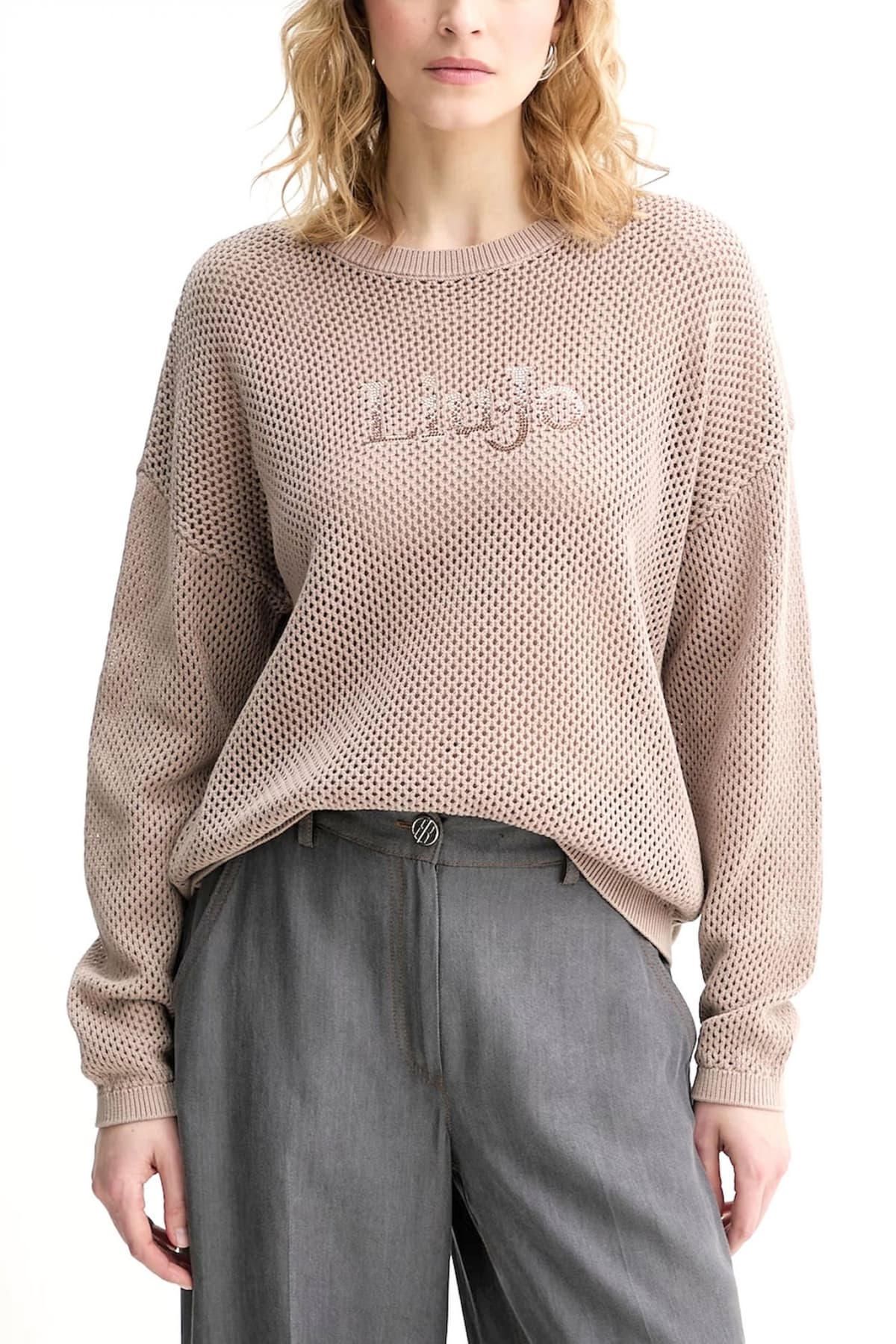 LIU-JO BETTER ΠΛΕΚΤΟ CREWNECK ΔΙΑΤΡΗΤΟ ΜΠΡΟΣΤΑ LOGO ΣΤΡΑΣ ΚΑΦΕ