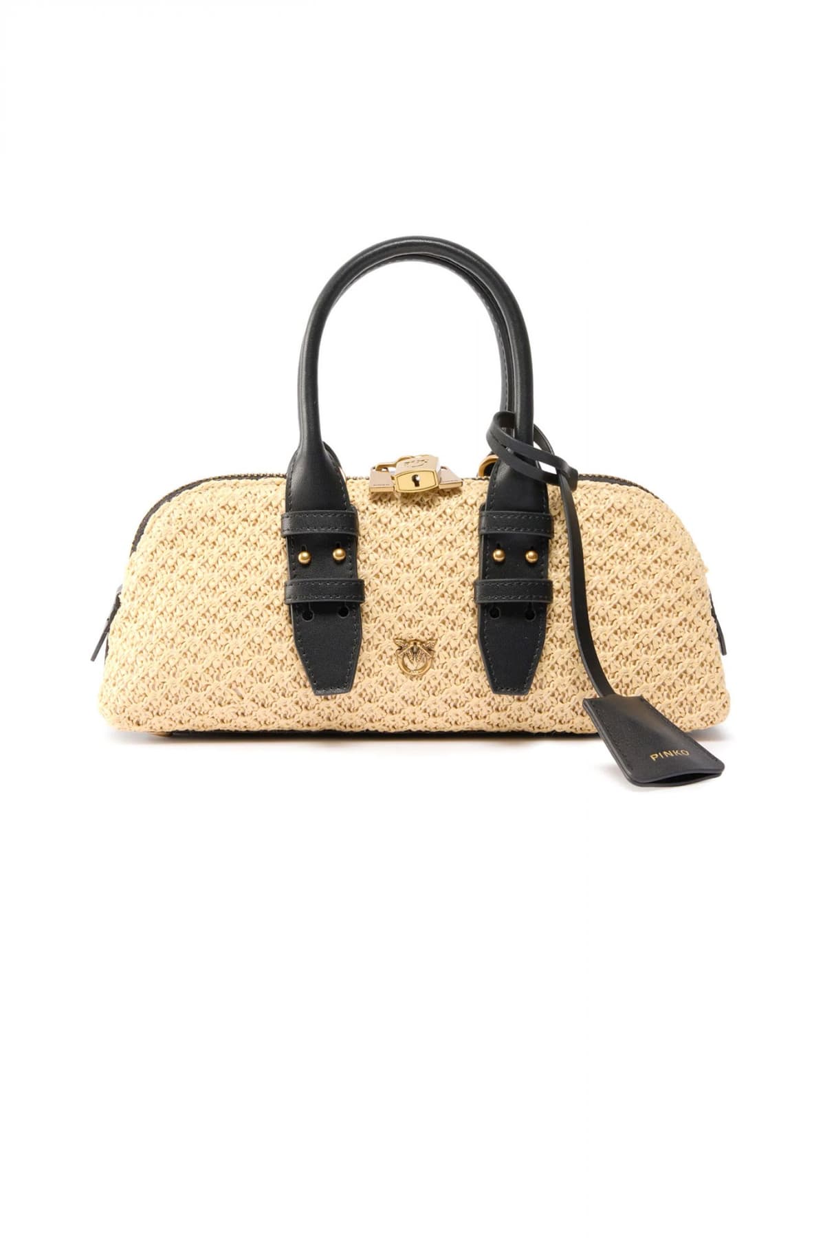 PINKO ΤΣΑΝΤΑ BOWLING BAG BAGUETTE RAFIA + VITELLO SETA ΜΠΕΖ - ΜΑΥΡΟ