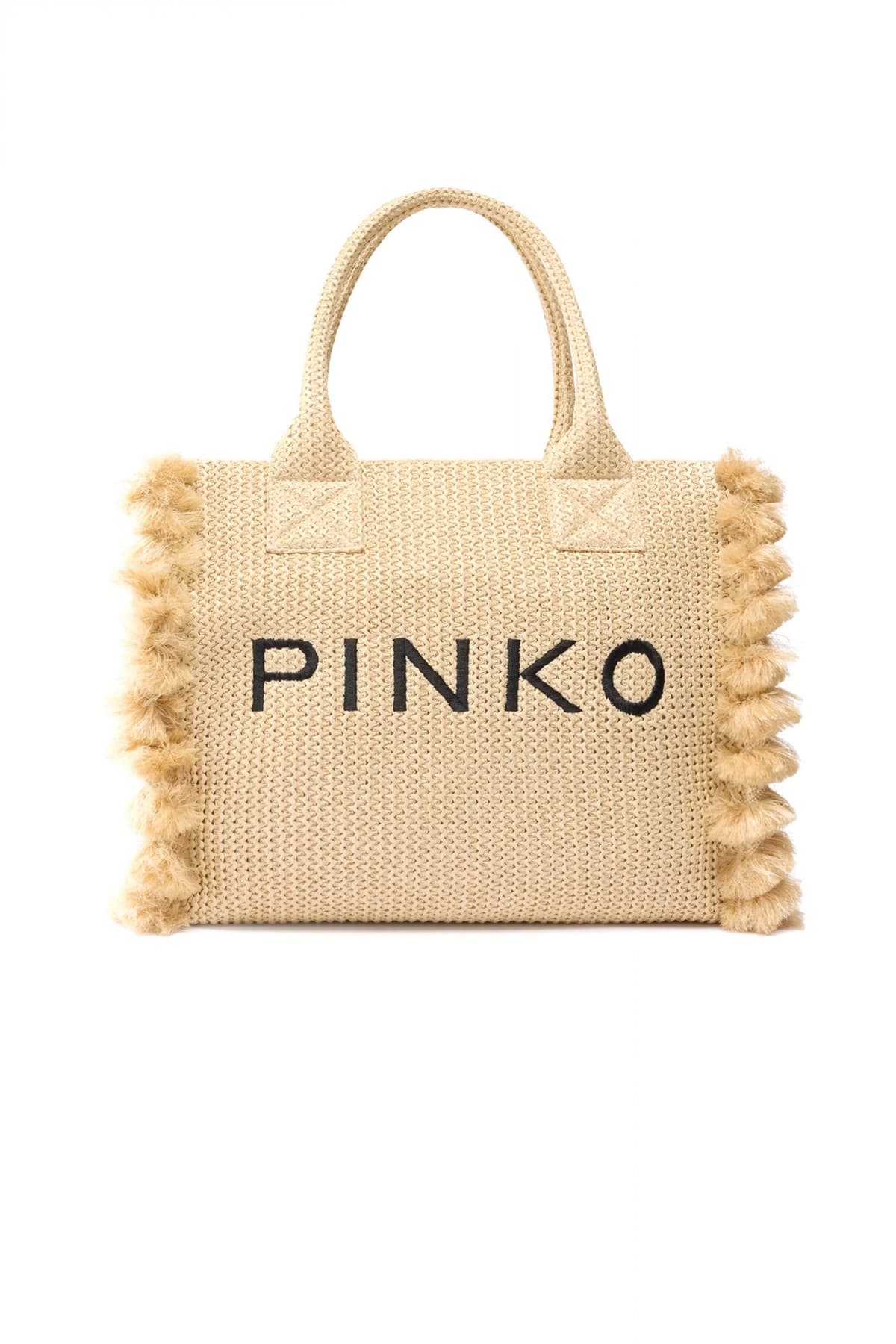 PINKO ΤΣΑΝΤΑ BEACH SHOPPER RAFIA ΜΕ ΦΟΥΝΤΙΤΣΕΣ ΜΠΕΖ - ΜΑΥΡΟ