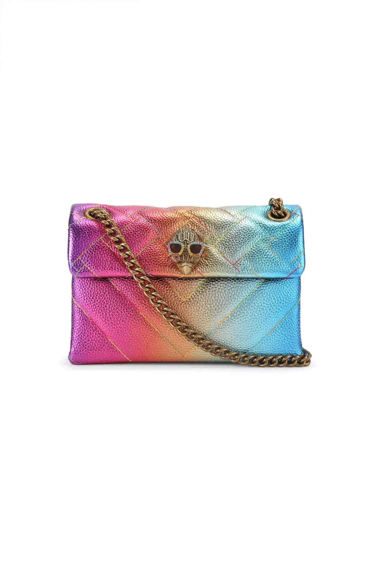 KURT GEIGER TΣΑΝΤΑ CROSSBODY/ΩΜΟΥ LEATHER MINI KENSINGTON AΛΥΣΙΔΑ ΜΕΤΑΛΛΙΚΑ ΧΡΩΜΑΤΑ LOGO ΠΟΛΥΧΡΩΜΟ