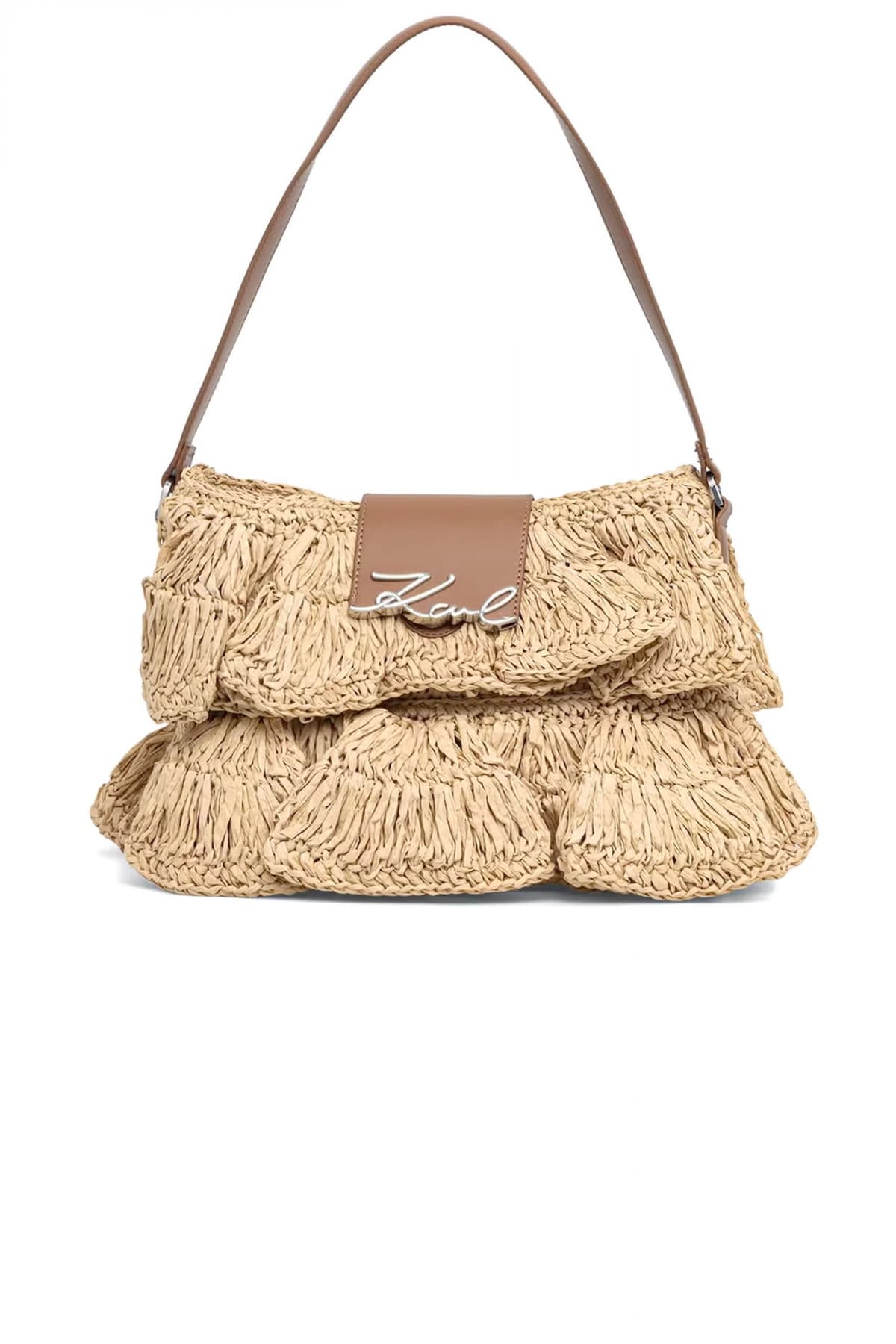 KARL LAGERFELD ΤΣΑΝΤΑ ΩΜΟΥ K/SIGNATURE FL SHB RAFFIA RUFF LOGO ΜΠΕΖ-ΚΑΦΕ