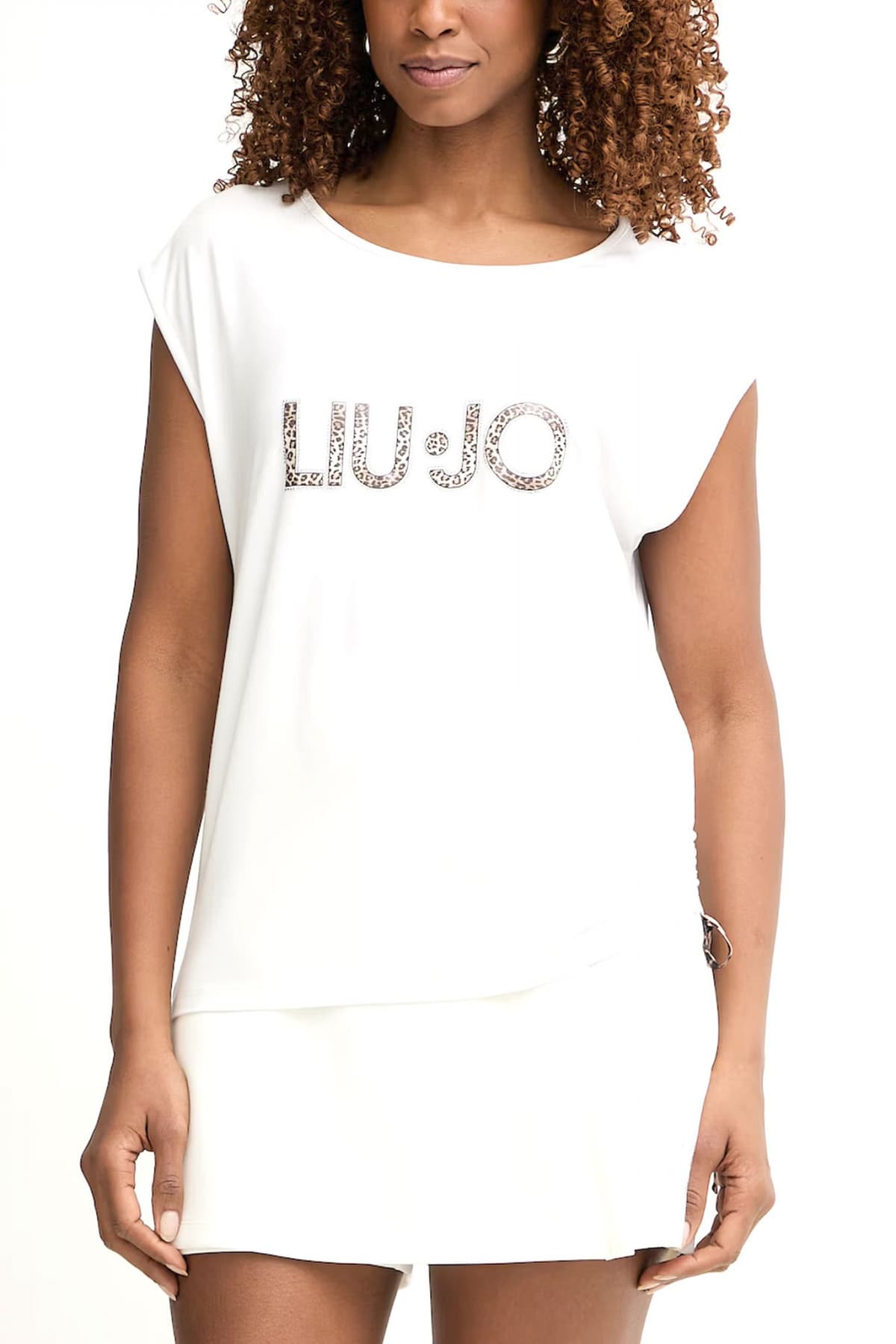 LIU-JO BETTER TANK TOP LOGO LEOPRAD PRINT ΣΤΡΑΣ ΛΑΣΤΙΧΟ ΚΑΤΩ ΛΕΥΚΟ