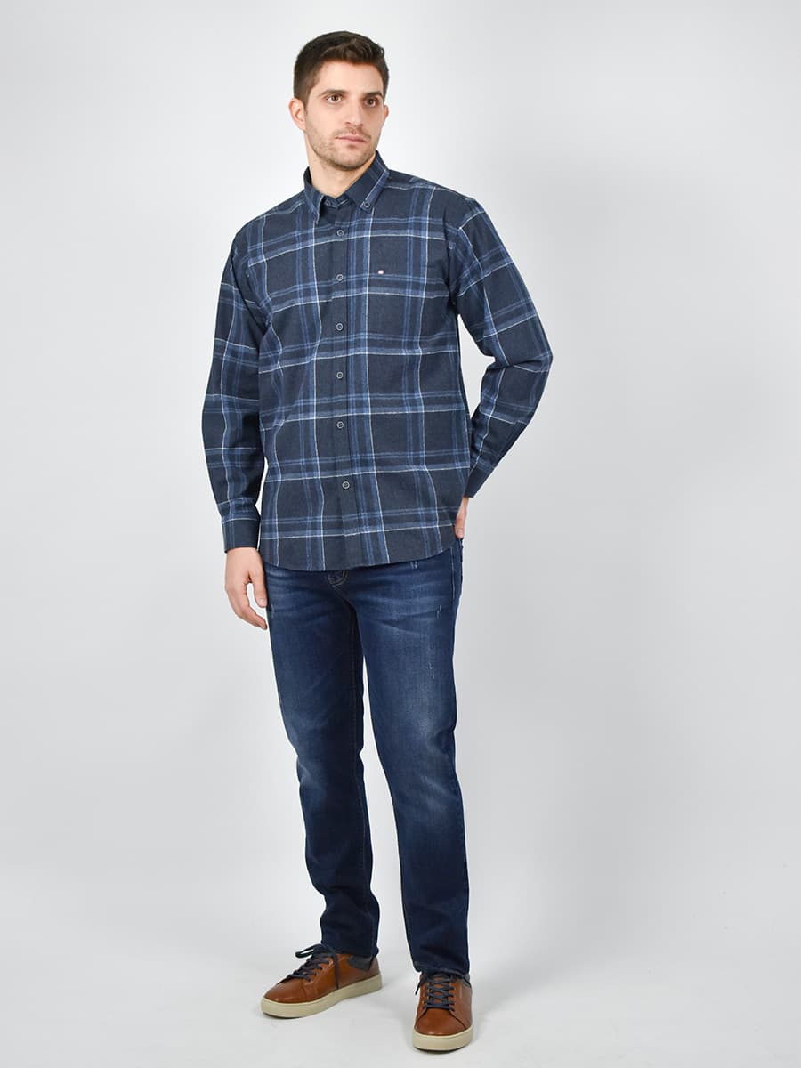 Antonio Morello Καρό Πουκάμισο Από Φανέλα - Σκούρο‌‌ μπλε - DORIO