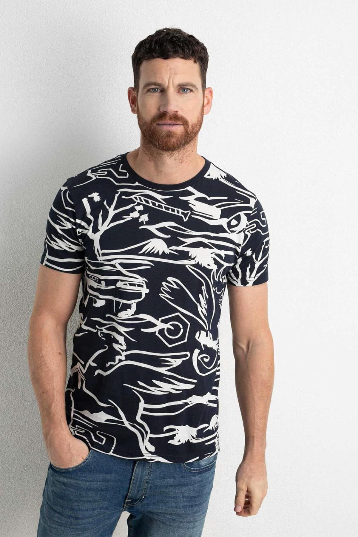 Petrol Industries T-shirt With All Over Print - Σκούρο‌‌ μπλε