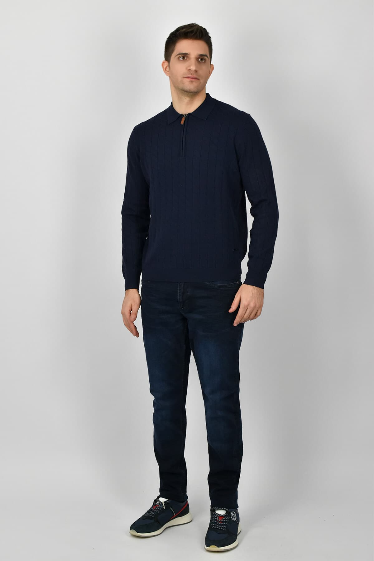 Shutton Blue Πουλόβερ Με Γιακά Και Σχέδιο Στην Ύφανση - Σκούρο‌‌ μπλε - Punto Caballero Y-Mans Punto