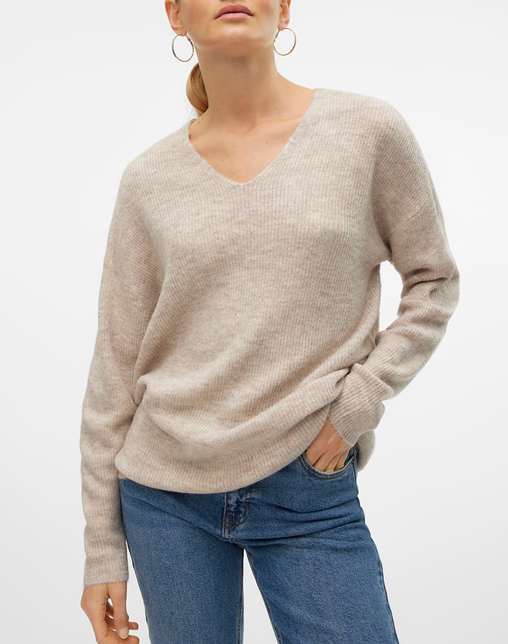 VERO MODA VMCREWLEFILE LS V-NECK BLOUSE NOOS 10233357-BirchW. SILVER SCONCE/NOMAD MELANGE SandyBrown