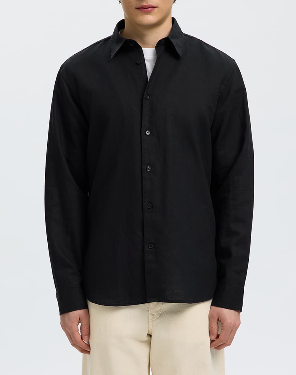 SELECTED SLMREGCLAUS CLAY LINENBLEND LS SHT NOOS 16100084-Pure Cashmere Biege