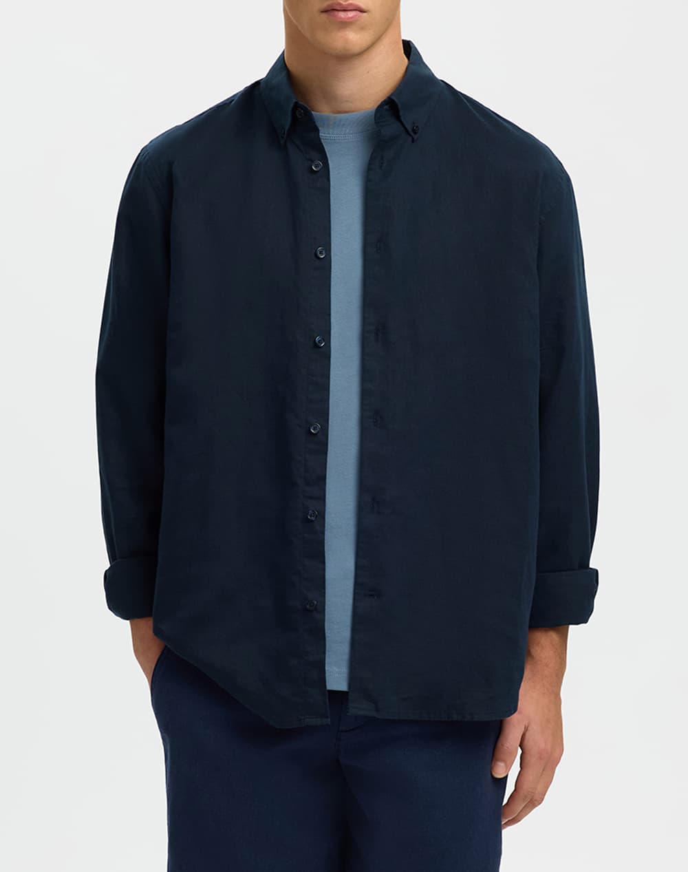 SELECTED SLMREGCLAUS CLAY LINENBLEND LS SHT NOOS 16100084-Pure Cashmere Biege