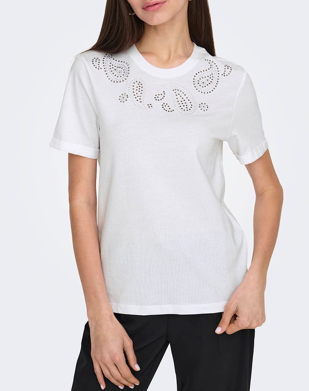 ONLY ONLHOLLIS LIFE S/S O-NECK TOP BOX JRS 15343560-Bright WhitePaisleystuds White