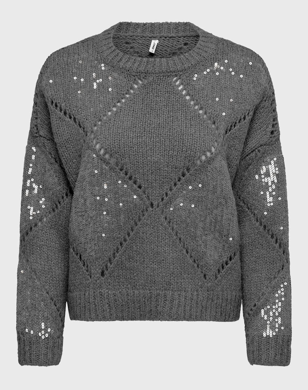 ONLY ONLKANSAS LIFE LS SEQUINS O-NECK KNT 15358402-TanninMelangeClearSequin Brown