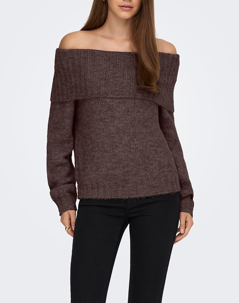 ONLY ONLSHINE LS OFF SHOULDER CC KNT 15350976-Seal BrownMelange DarkBrown