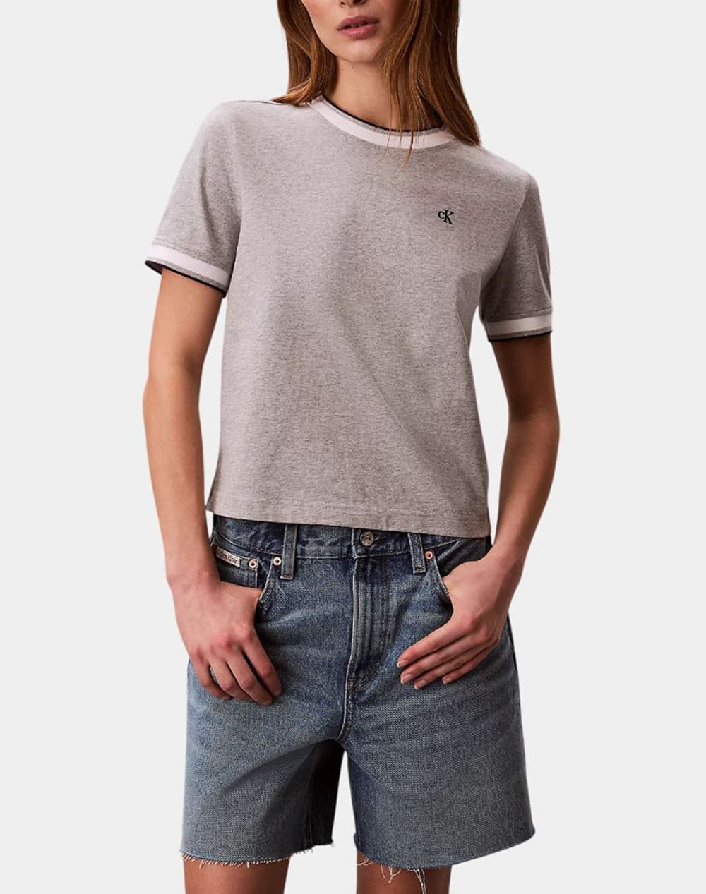 CALVIN KLEIN JEANS SS CTN MONOGRAM STRIPE TRIM TEE LV047F226G-P79 LightGray