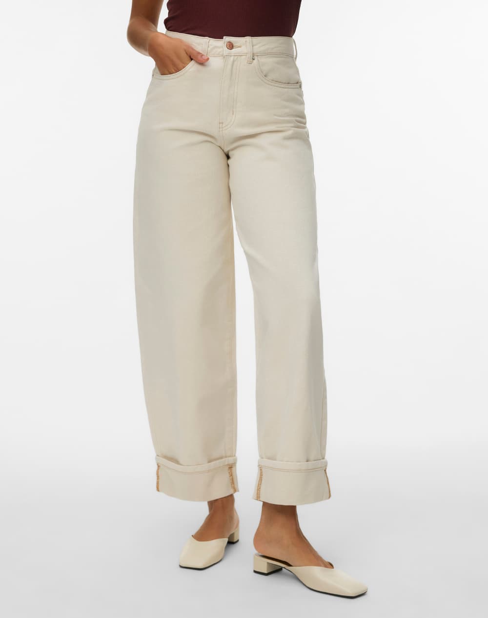 VERO MODA VMZELDA HR BARREL FOLD UP ECRU JEANS 10339347-ECRU Ecru