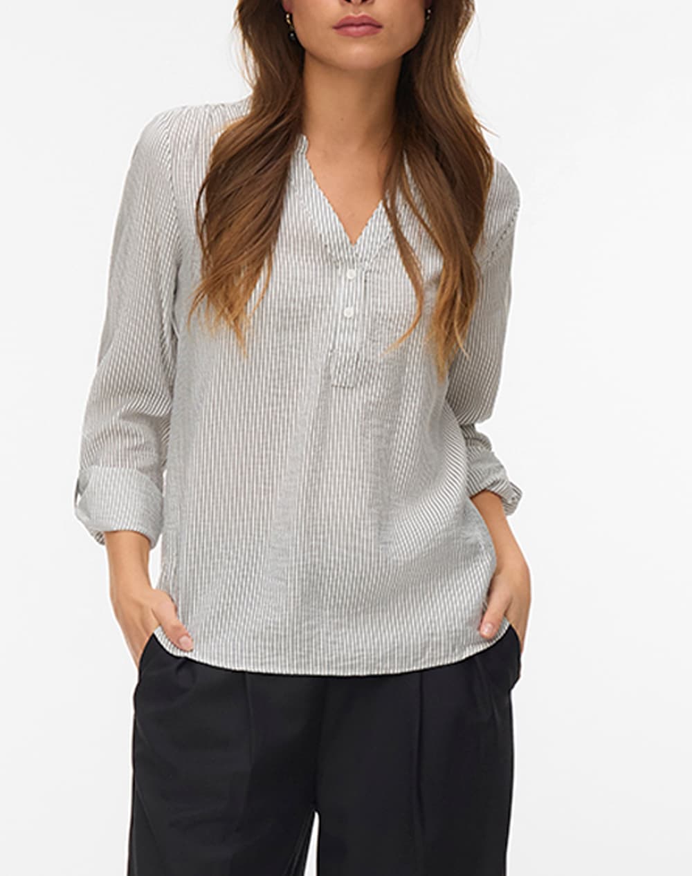 VERO MODA VMKAJA LS V-NECK FOLD-UP TOP WVN 10340684-Snow WhiteAmandaBlack OffWhite