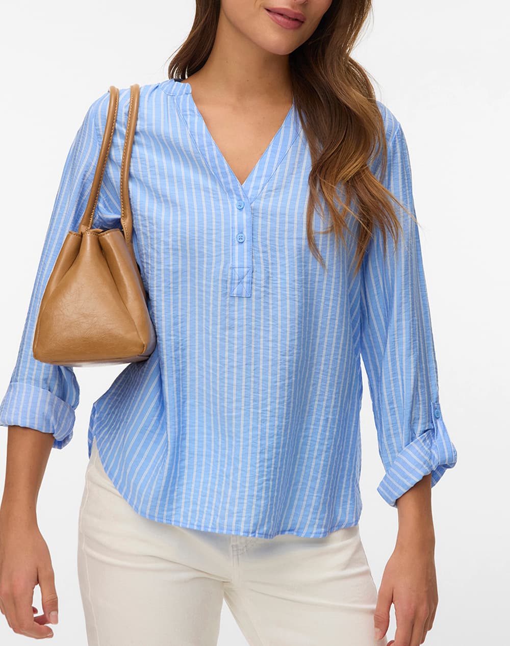 VERO MODA VMKAJA LS V-NECK FOLD-UP TOP WVN 10340684-Snow WhiteAmandaBlack OffWhite