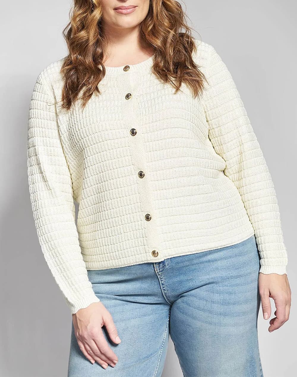 PARABITA Πλεκτή ζακέτα με χρυσά κουμπιά και στρογγυλή λαιμόκοψη 012610709684-009 Ecru
