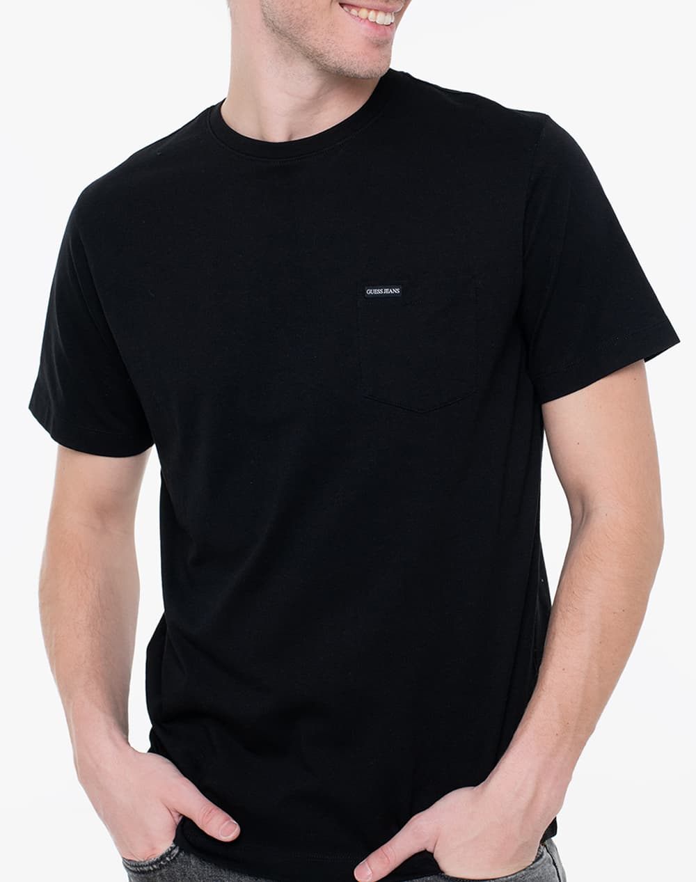 GUESS JEANS T-SHIRT CREWNECK REGULAR FIT LOGO ΜΑΥΡΟ